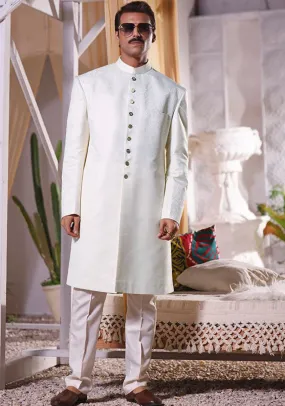 Classic Brilliant White Jamawar Traditional plain Sherwani