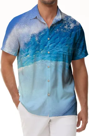 Clear ocean street loose Hawaiian men's short-sleeved 3d print pattern button-down beach shirt gradient color