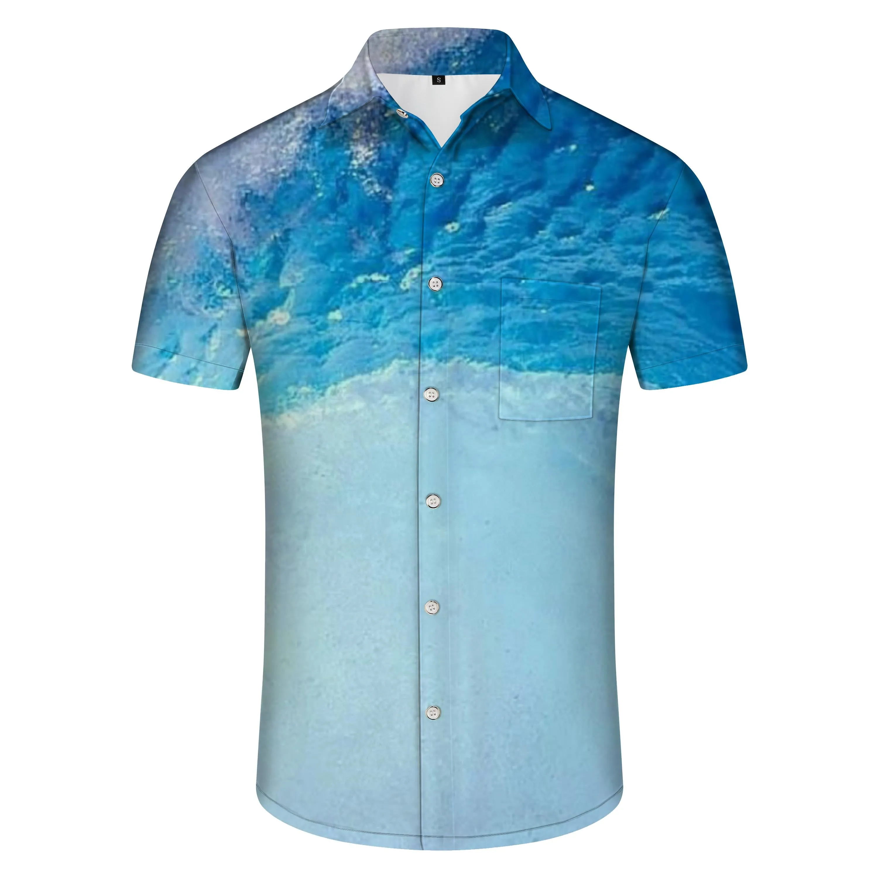 Clear ocean street loose Hawaiian men's short-sleeved 3d print pattern button-down beach shirt gradient color