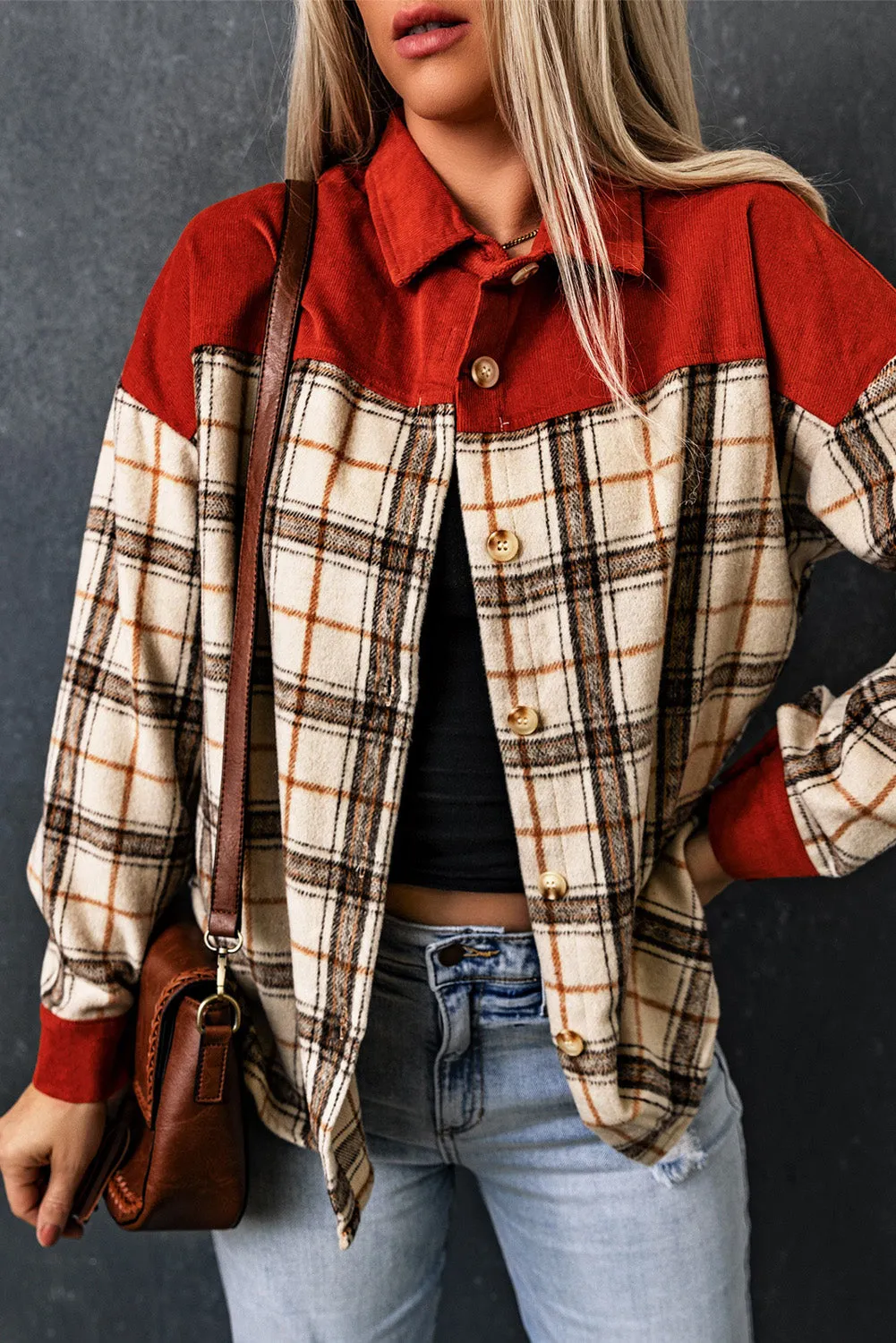 Contrast Corduroy Plaid Shacket