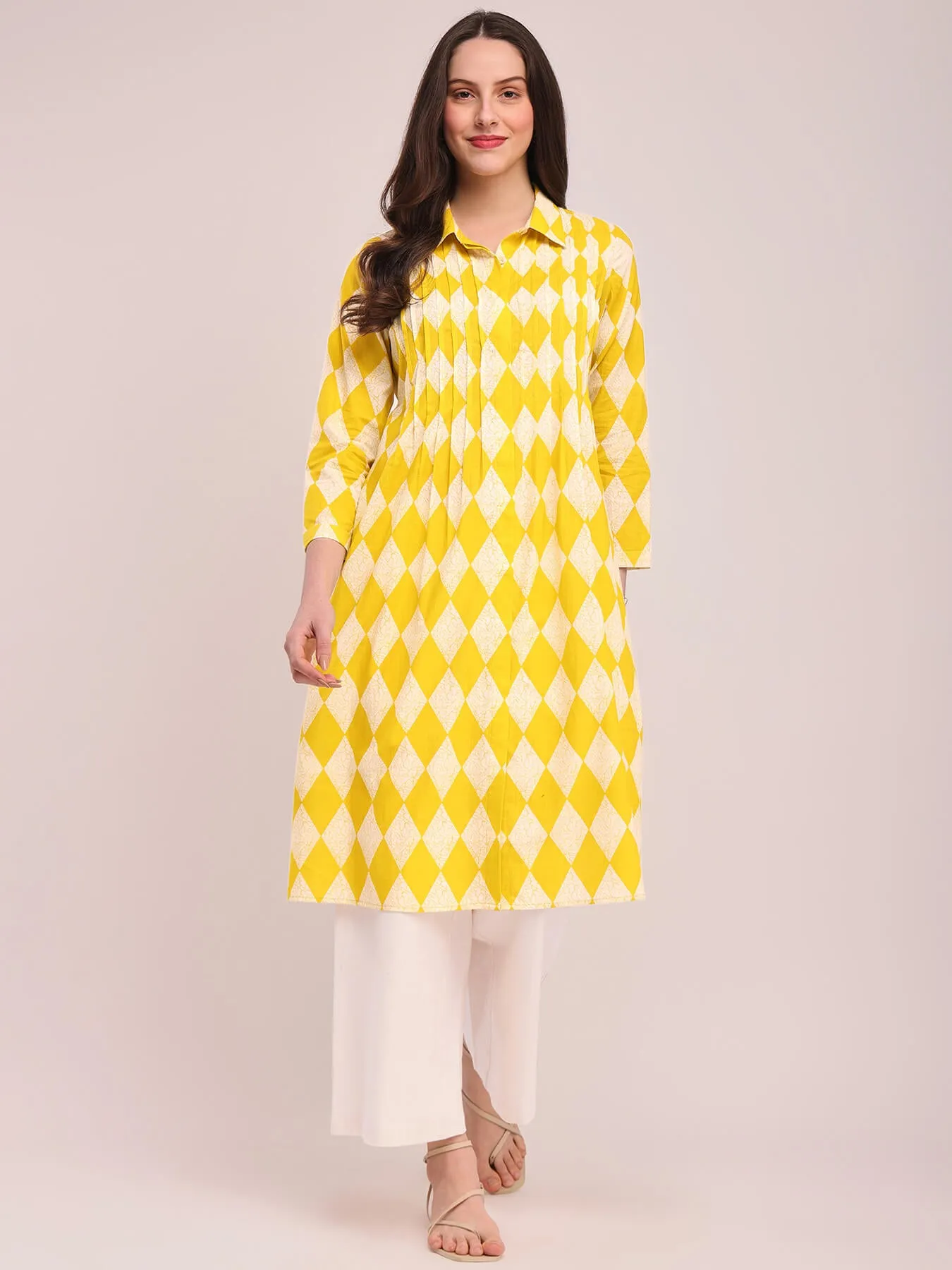 Cotton Geometric Print Kurta Set - Lime