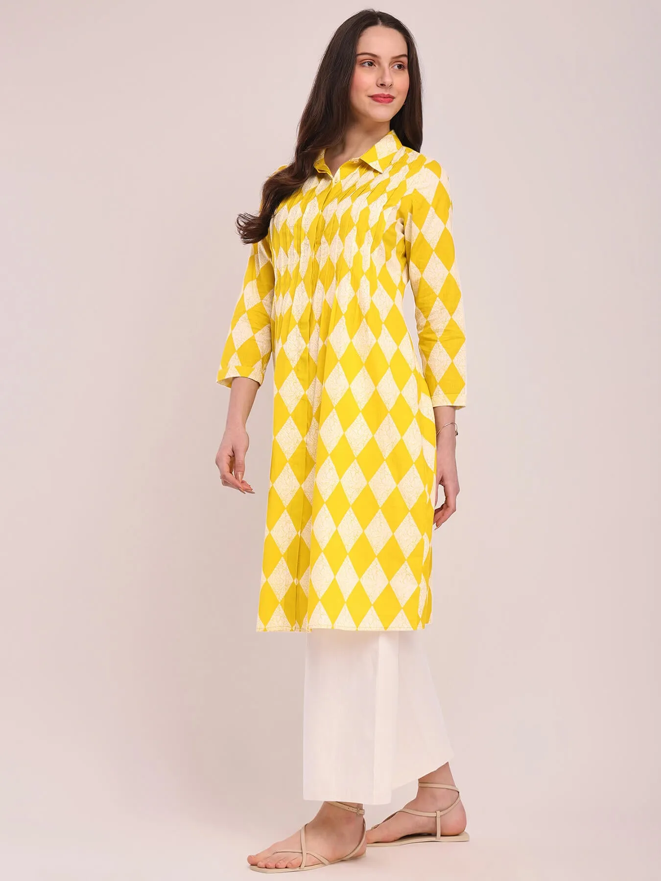 Cotton Geometric Print Kurta Set - Lime