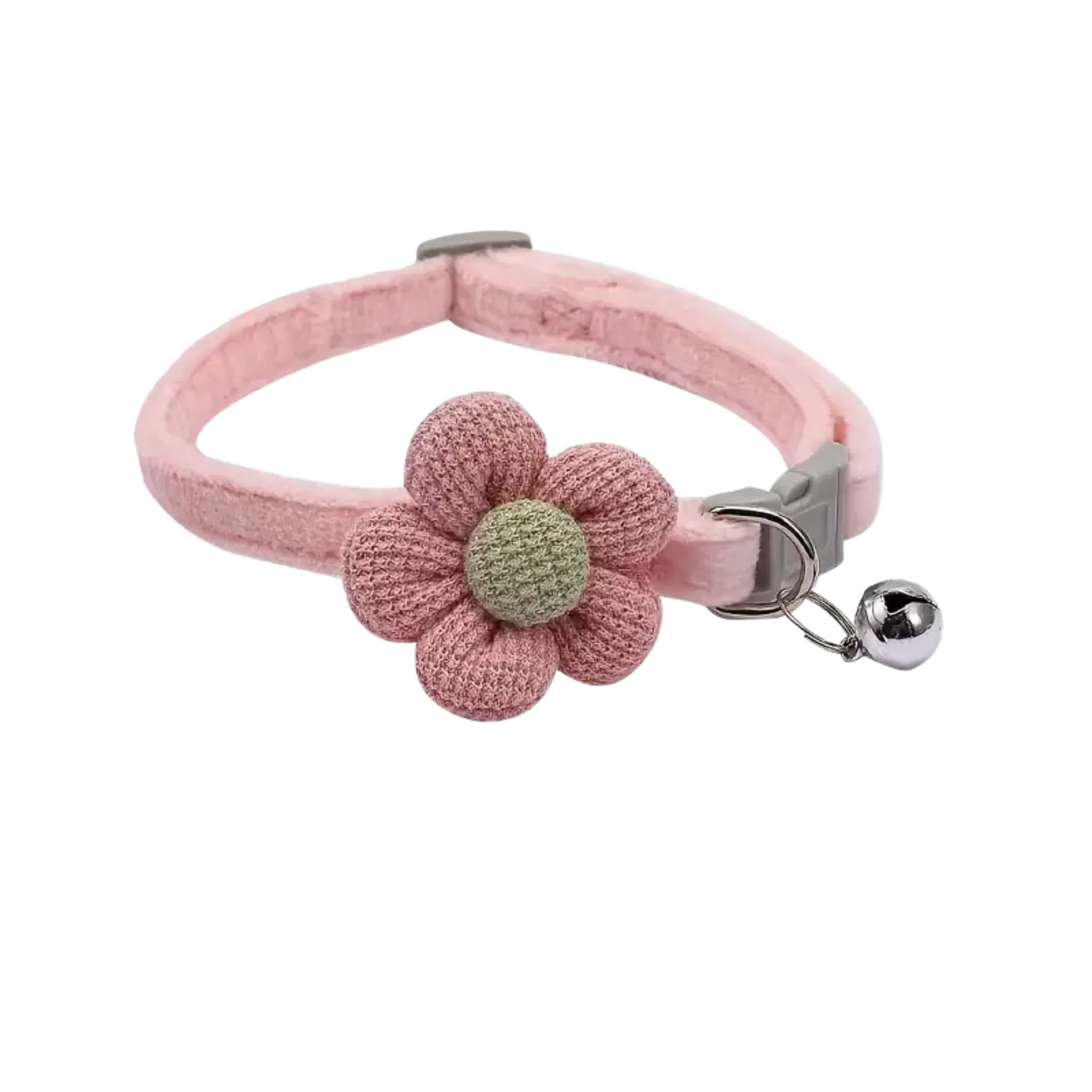 Cozy Velvet Cat Collar with Knitted Flower & Bell - Pink