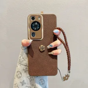 Cute Minimalist Brown Leather With a 3D Brown Flower Design Protective Phone Case with Rope Hand Strap for iPhone 11 12 13 14 Pro Max