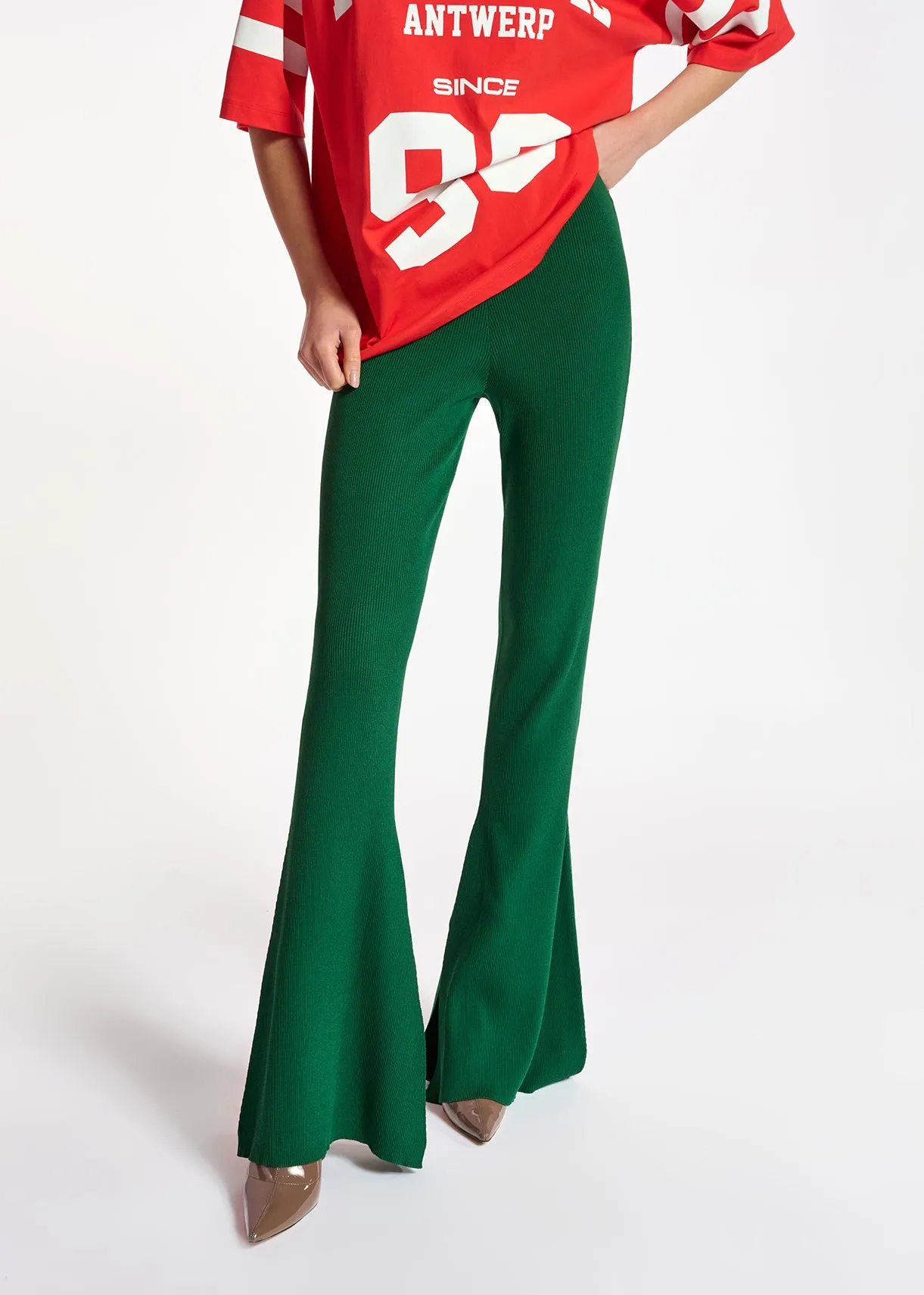 Dark green flared knitted pants