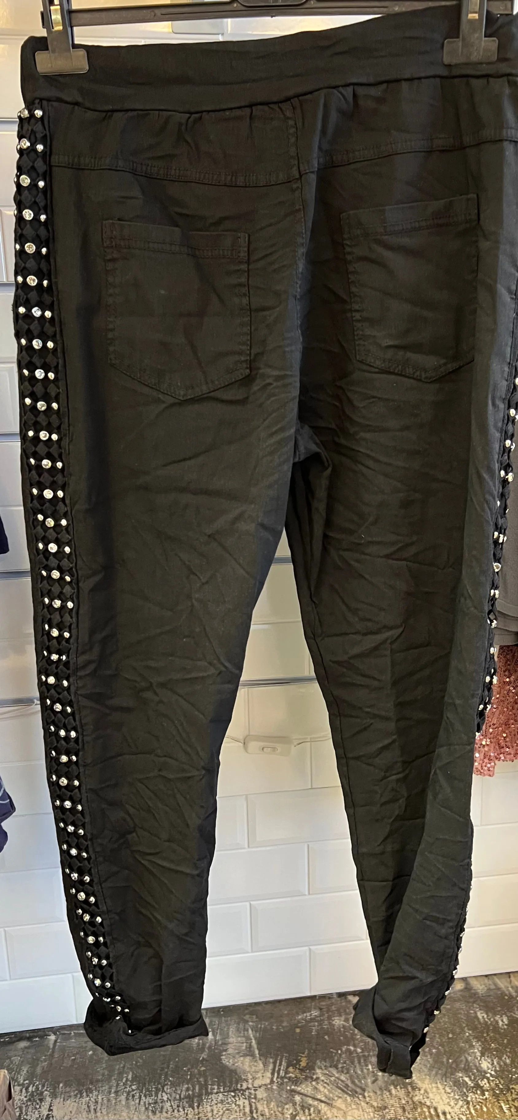 Dis Moi Italian One Size Jogger Pants in Black with Rhinestone Net Sides 60387