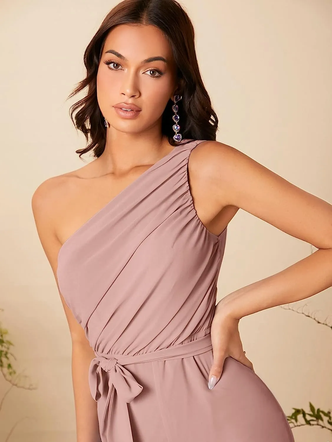 Draped Soft Pink One Shoulder Belted Wide Leg Jumpsuit