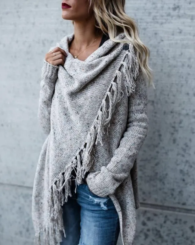 Dropped Neckline Tassels Side Close Women Long Cardigan