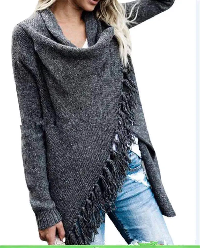 Dropped Neckline Tassels Side Close Women Long Cardigan