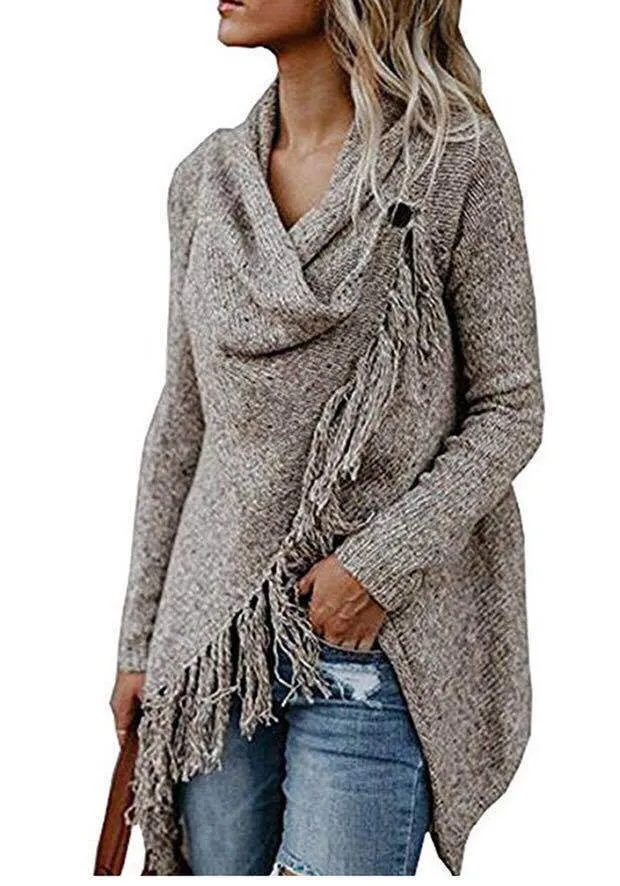 Dropped Neckline Tassels Side Close Women Long Cardigan