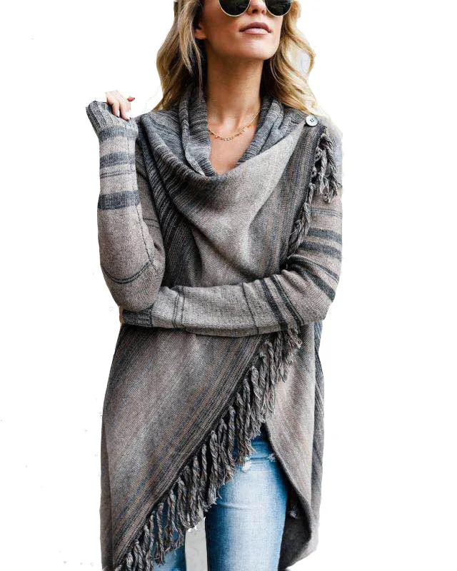 Dropped Neckline Tassels Side Close Women Long Cardigan