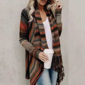 Dropped Neckline Tassels Side Close Women Long Cardigan