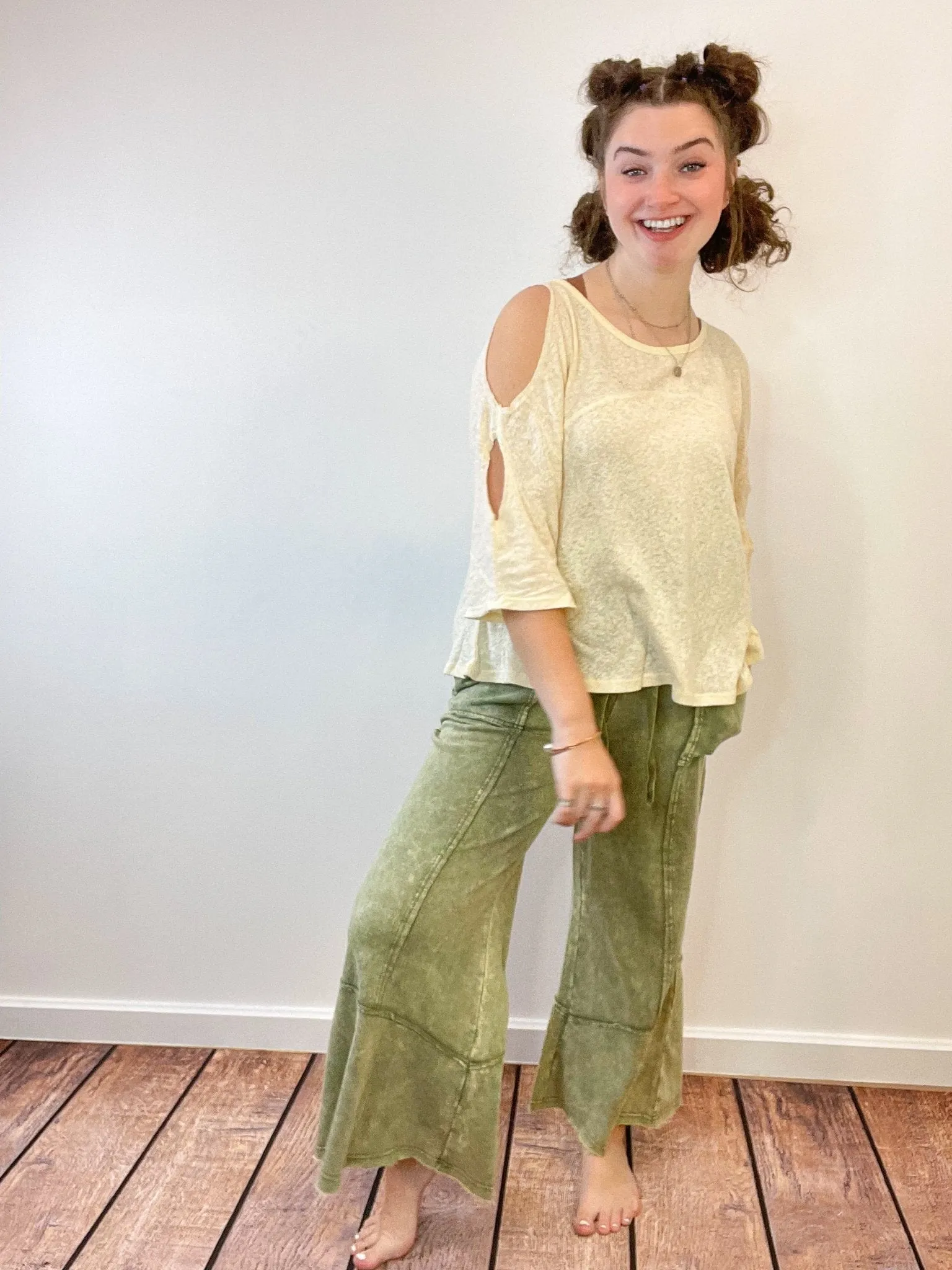 Easy Days Cropped Mineral Wash Wide Leg Flared Lounge Pants