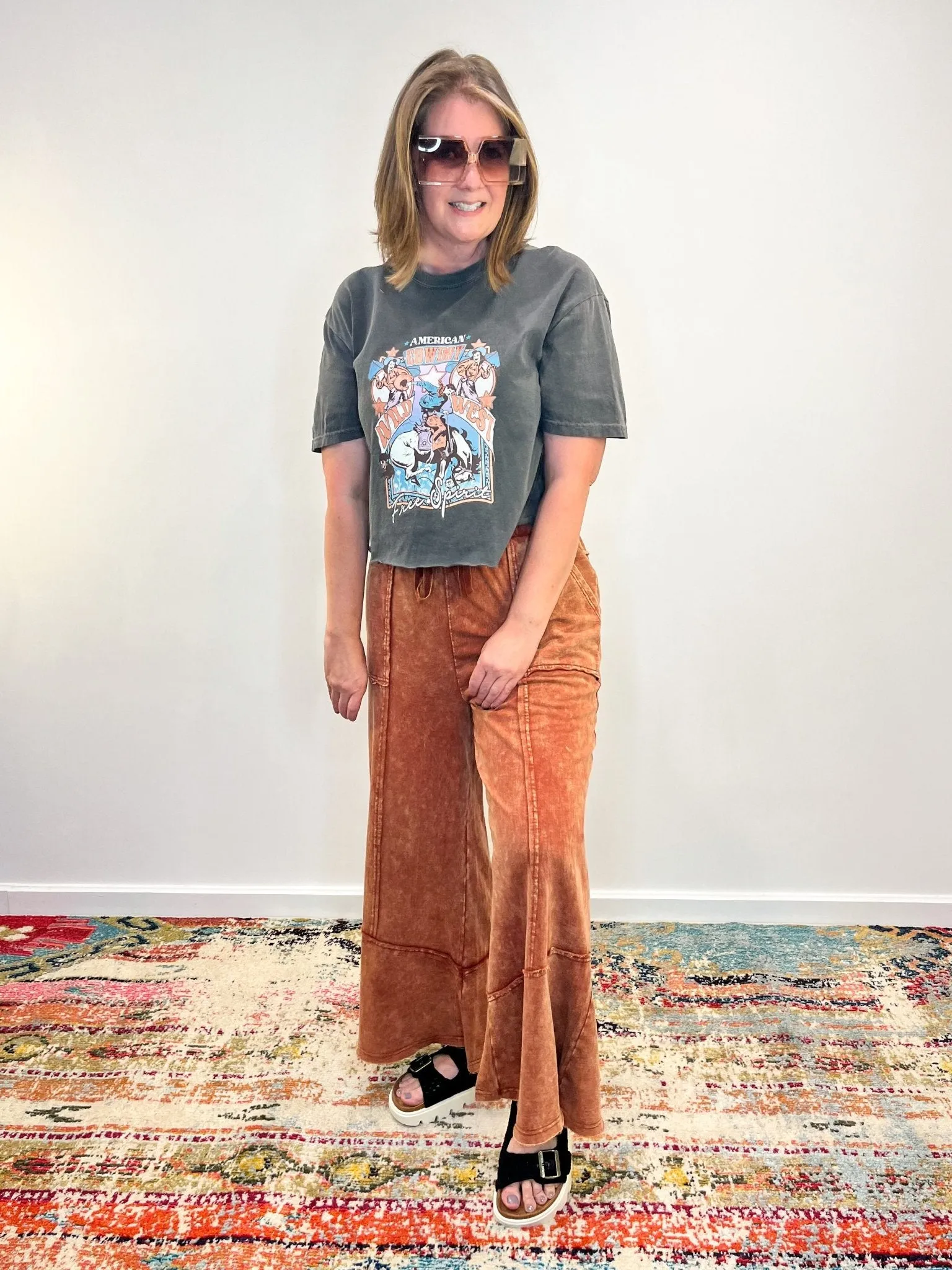 Easy Days Cropped Mineral Wash Wide Leg Flared Lounge Pants