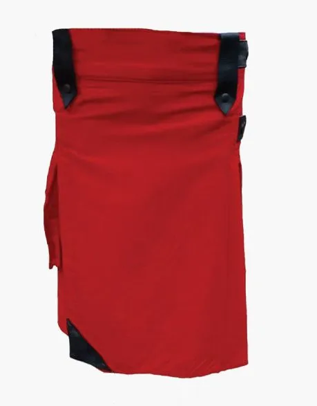 ELEGANT RED UTILITY KILT WITH BELT LOOPS AND LEATHER STRAPS