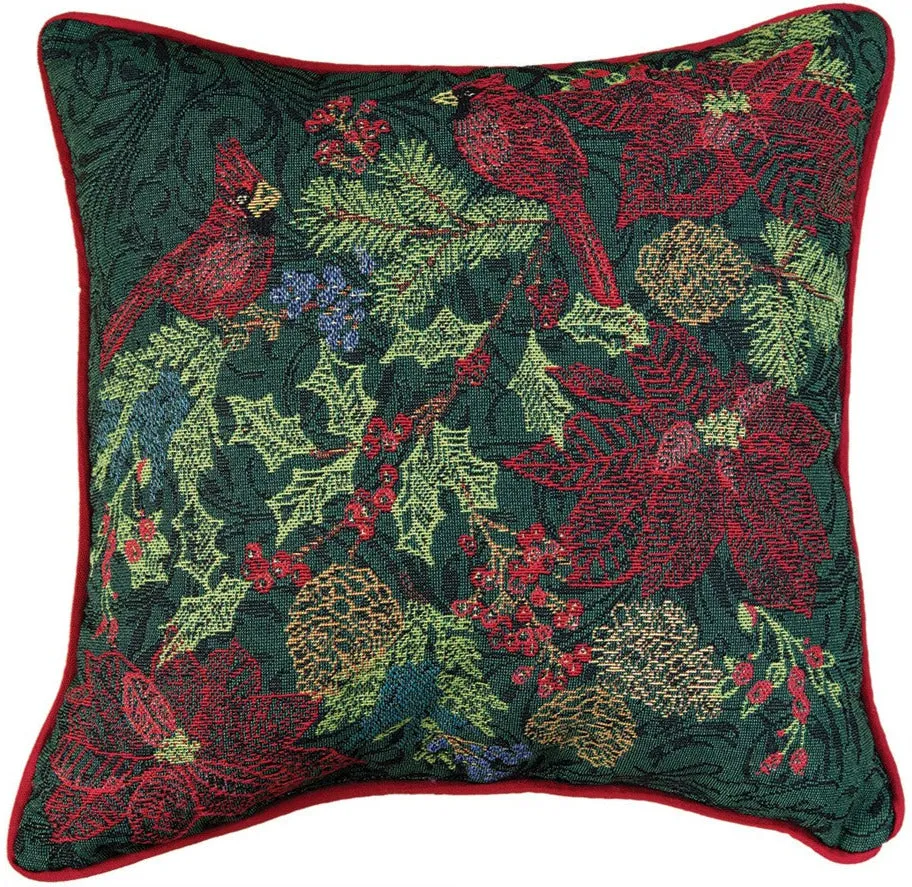 Embroidered Holiday Green Tapestry Pillow - Holiday Motif