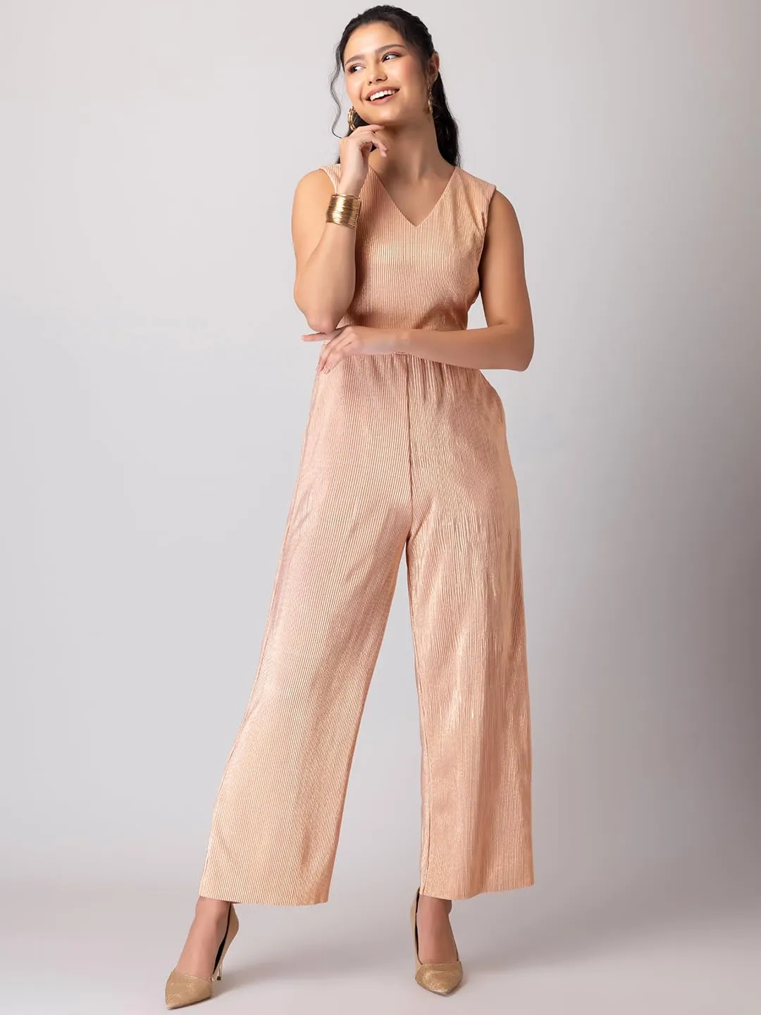 FabAlley Light Pink V-Neck Pleated Jumpsuit