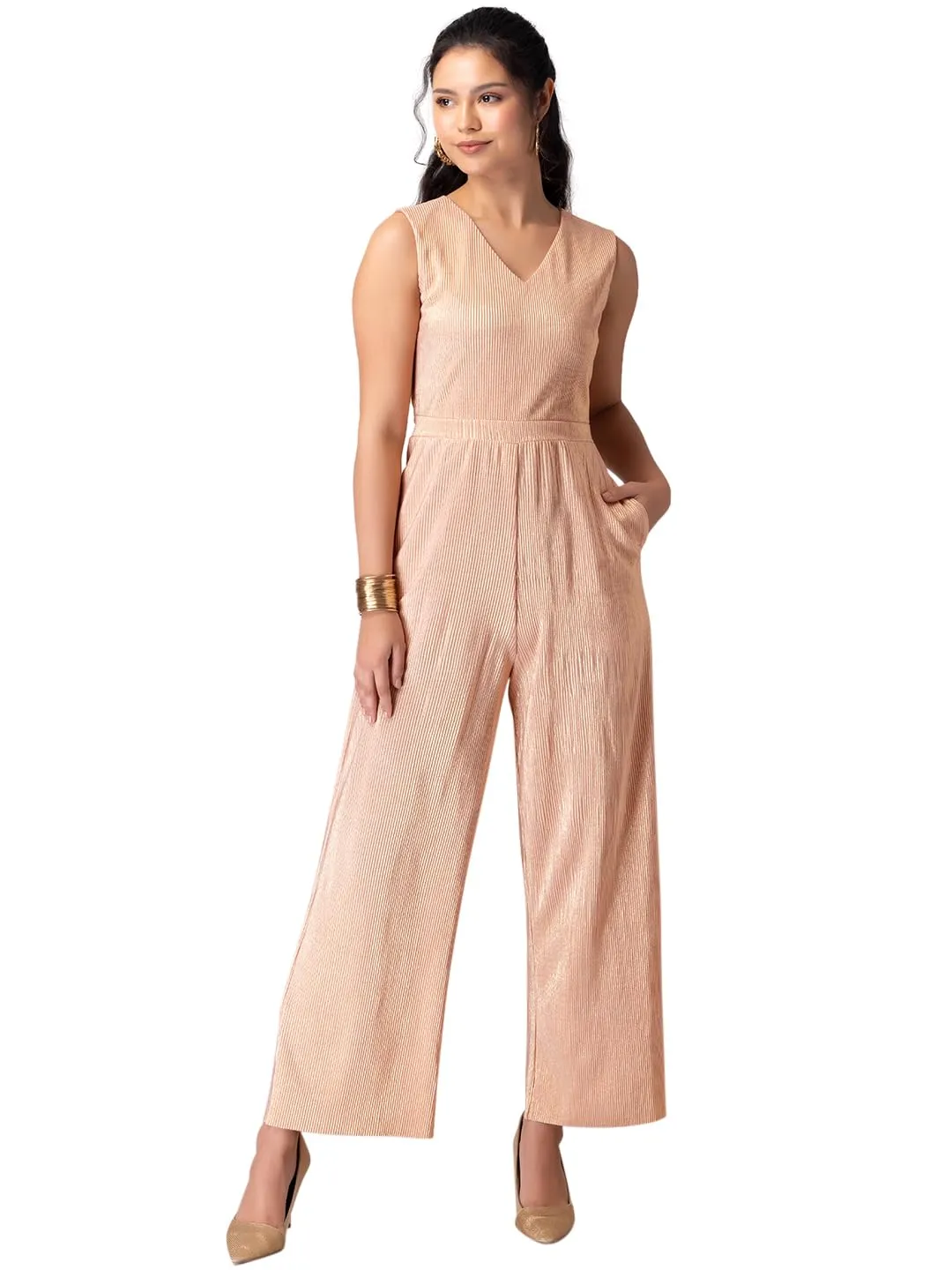 FabAlley Light Pink V-Neck Pleated Jumpsuit