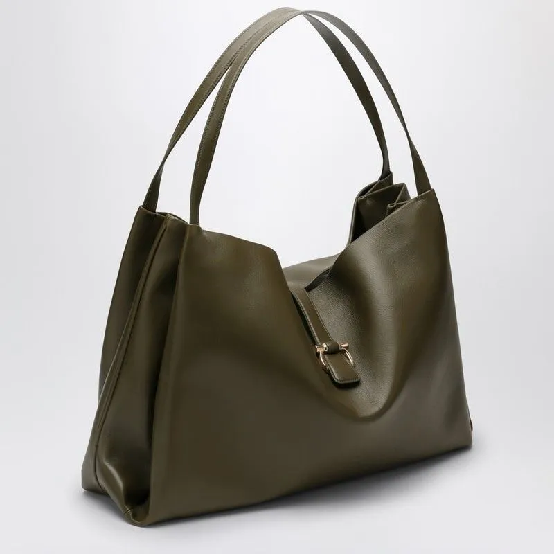 Ferragamo Large Olive Green Leather Tote Handbag