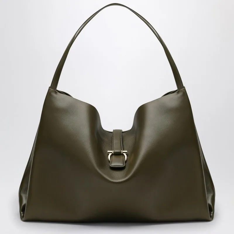 Ferragamo Large Olive Green Leather Tote Handbag