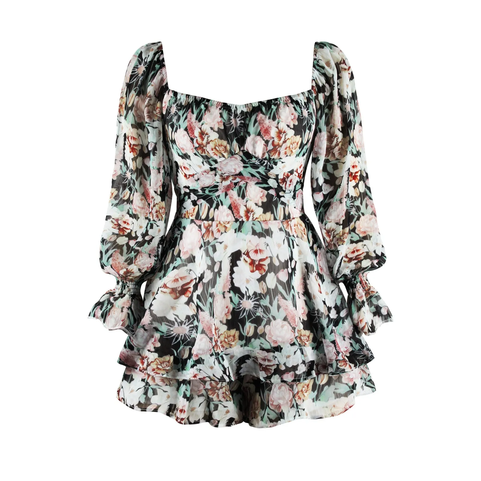 Floral Digital Print Women's Collar Zipper Strap Long Sleeved Jumpsuit