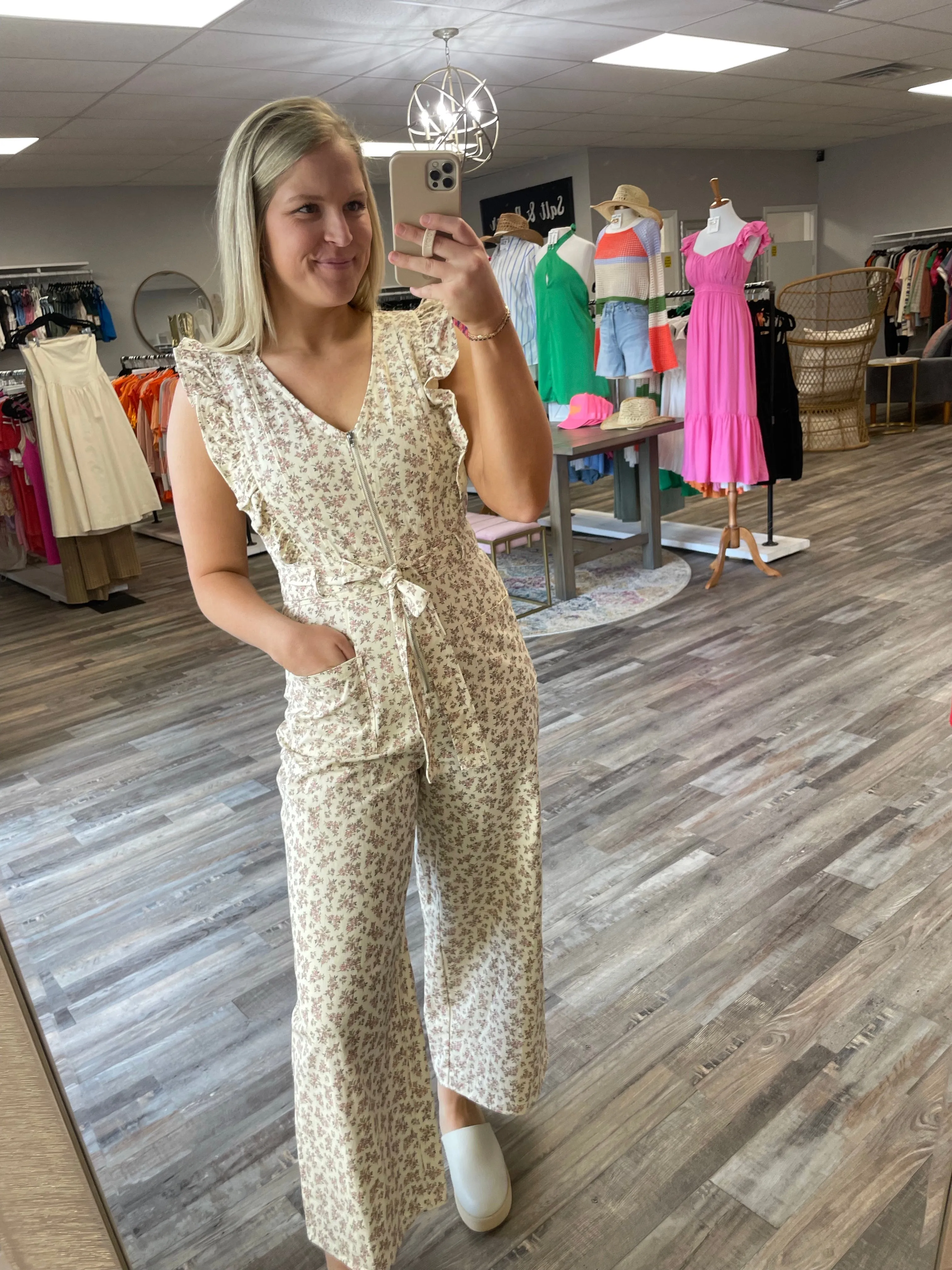 Floral Ruffle Jumpsuit - Cream/Pink