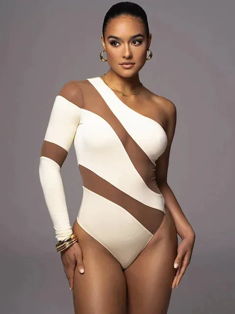 Gauze Panel One-shoulder Streamlined Cutout Long Sleeve Bodycon Jumpsuit