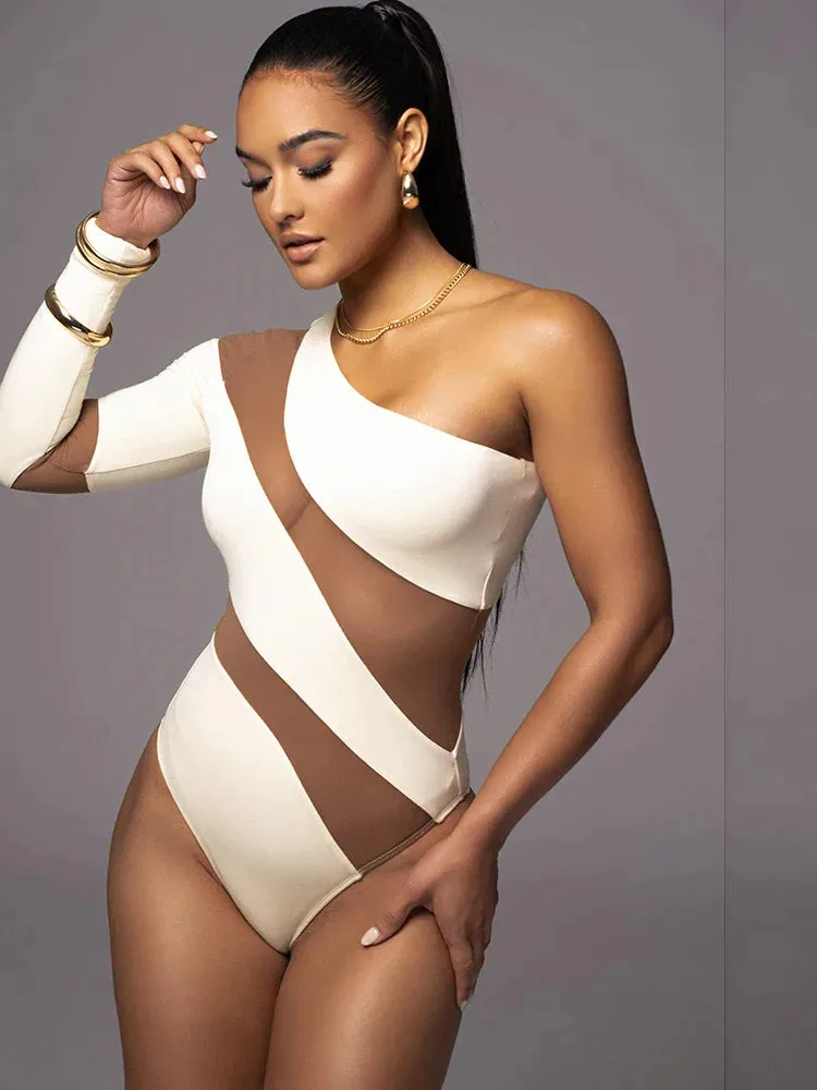 Gauze Panel One-shoulder Streamlined Cutout Long Sleeve Bodycon Jumpsuit