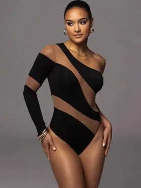 Gauze Panel One-shoulder Streamlined Cutout Long Sleeve Bodycon Jumpsuit