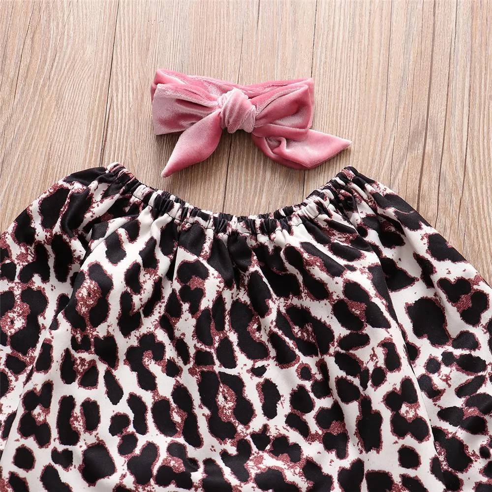 Girls Leopard Long Sleeve Top & Flared Pants & Headband Wholesale Girls Clothing