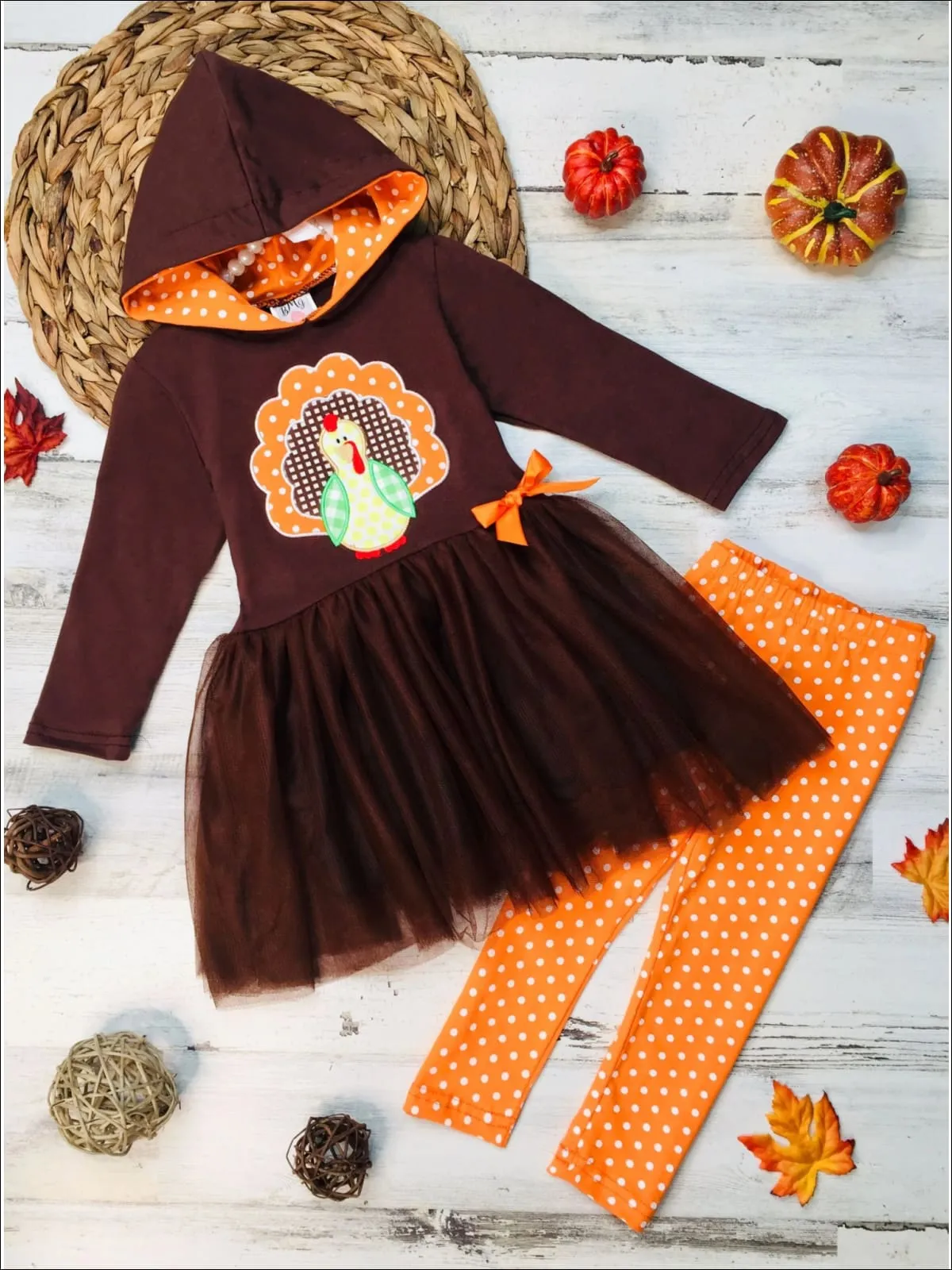 Girls Turkey Peplum Tutu Hoodie and Polka Dot Legging Set