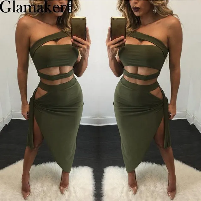 Glamaker Halter split sexy women dress 2017 Elegant evening party summer dress vestidos Autumn hollow out club bandage dress