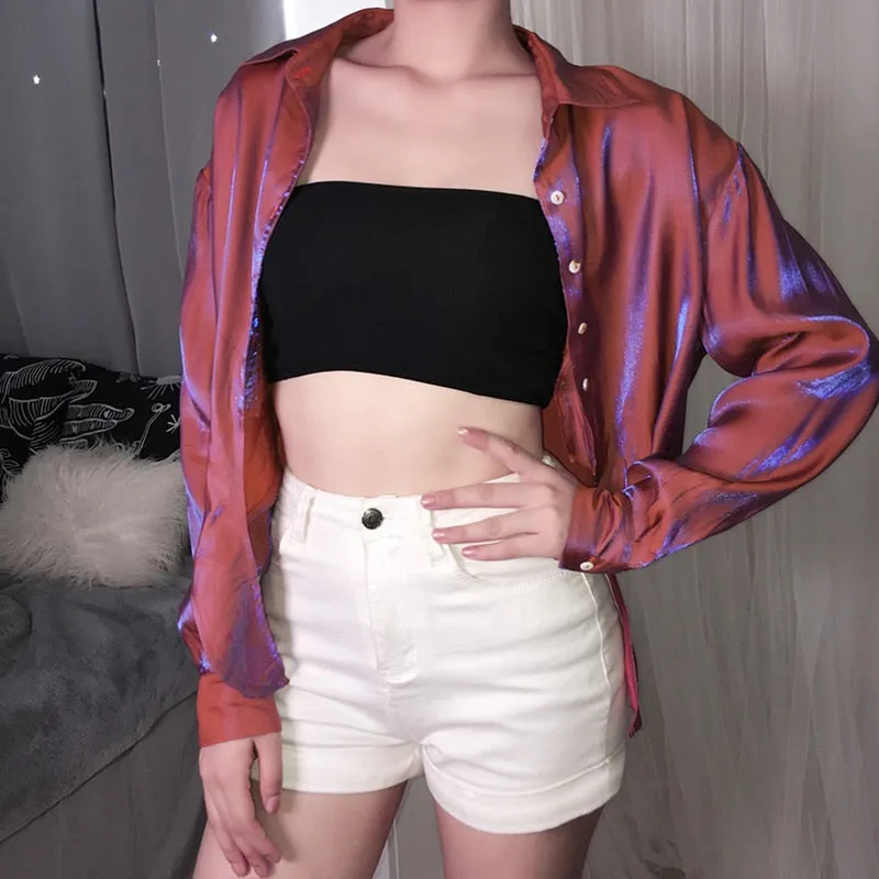 Glitter Korean Style Oversized Turn-Down Collar Single-Breasted Bandage Crop Top Long Sleeve