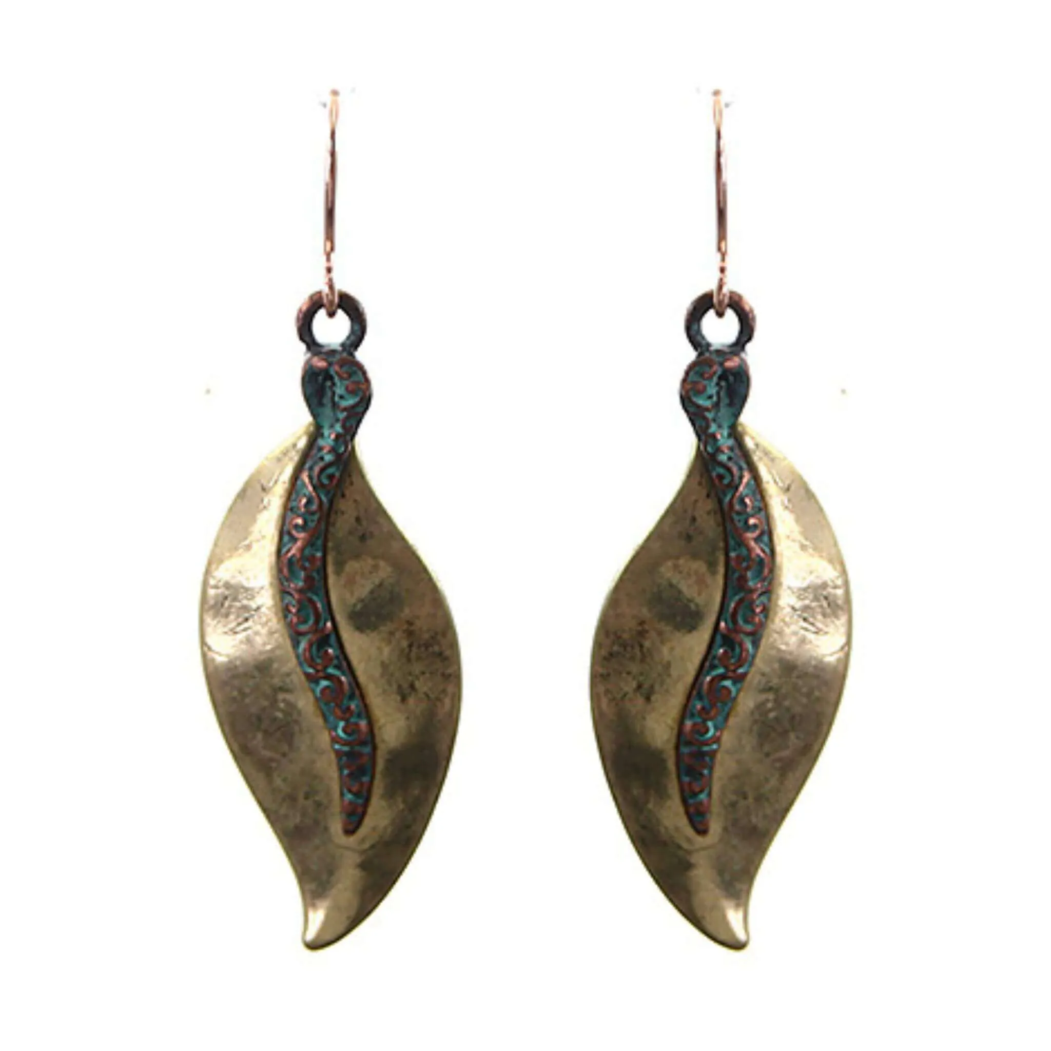 Gold Leaf Earrings With Filigree Patina Design