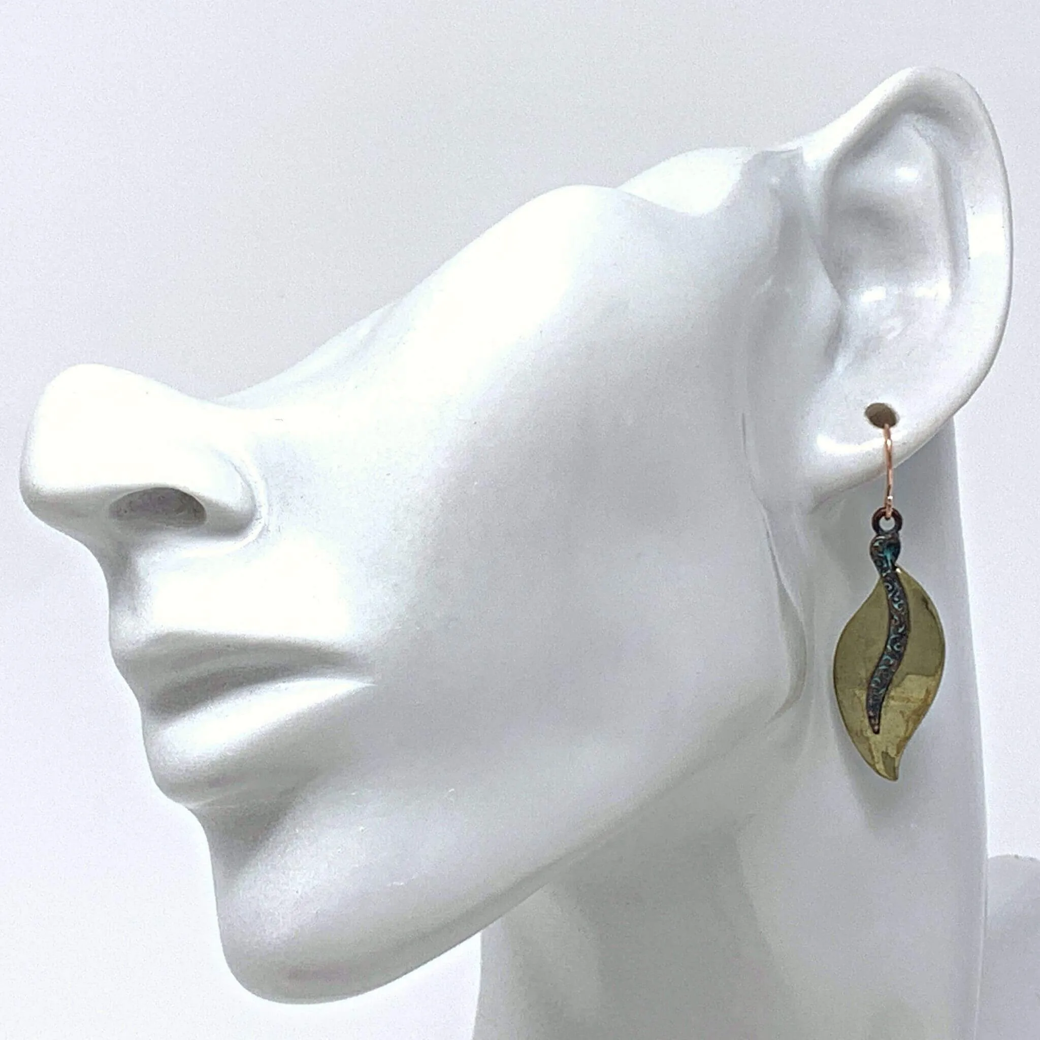 Gold Leaf Earrings With Filigree Patina Design