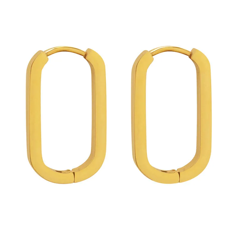 Golden Geometric Oval and Rectangular Stud Earrings in Titanium Steel for Autumn and Winter