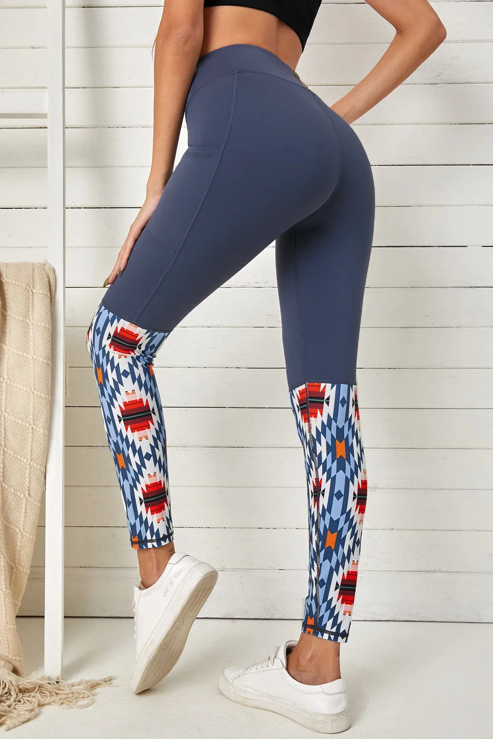 Gray Crossover High Waist Aztec Print Patchwork Yoga Leggings