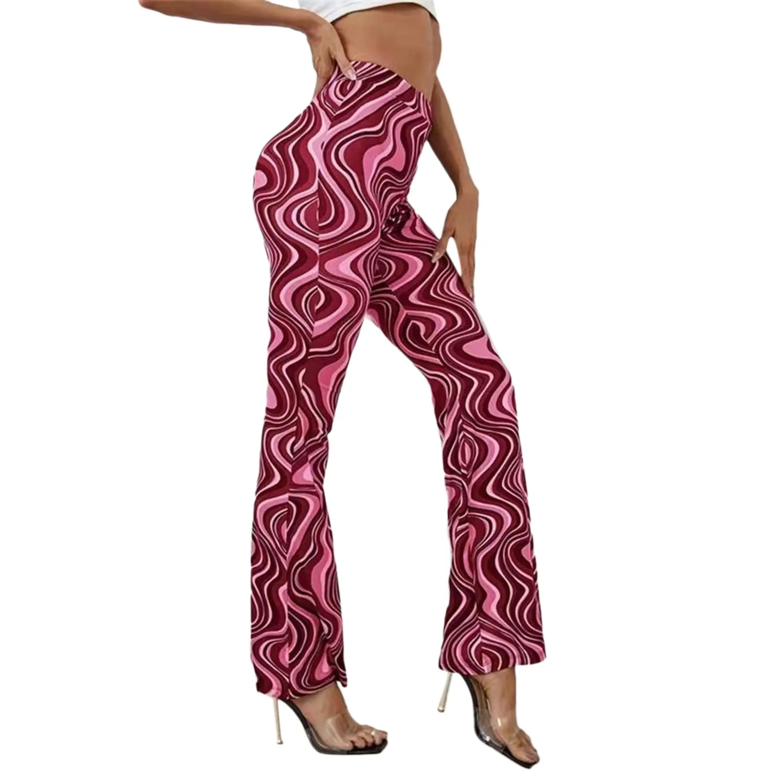 Groovy Bell Bottoms In 7 Different Colors High Waist Flare Stretch Yoga Pants Water Ripple Print Boho Festival Pants Available In Sizes Small Medium Large XL And Plus Size 2X 3X 4X And 5X