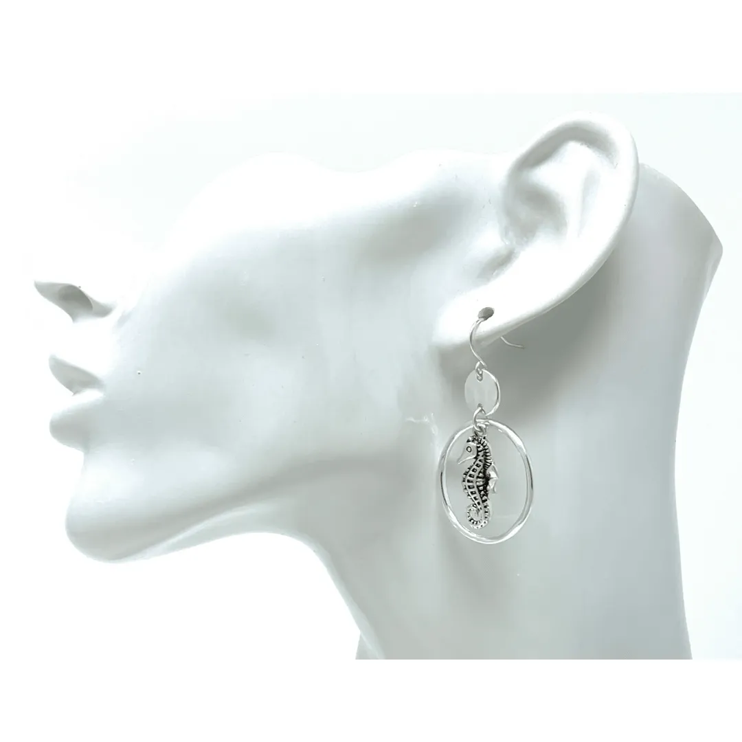 Hammered Circle Hoop Silver Seahorse Earrings