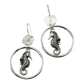 Hammered Circle Hoop Silver Seahorse Earrings