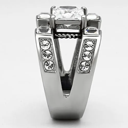 High polished (no plating) Stainless Steel Ring with AAA Grade CZ in Clear for Women Style TK1072