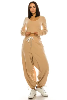 High Waisted Baggy French Terry Pants Beige