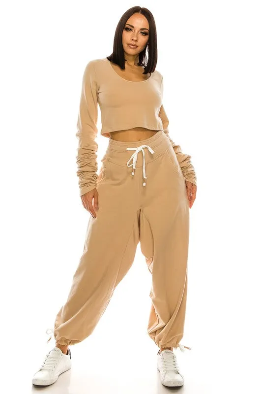 High Waisted Baggy French Terry Pants Beige