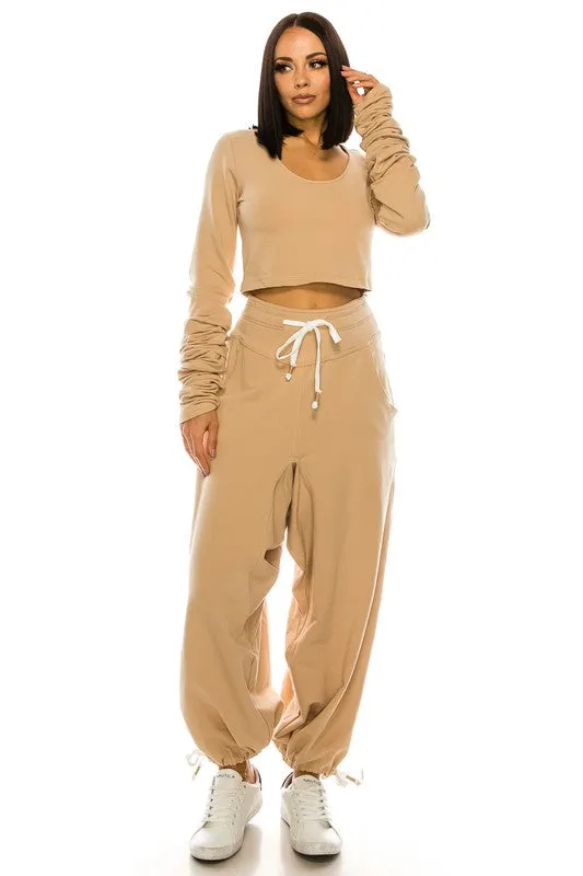 High Waisted Baggy French Terry Pants Beige