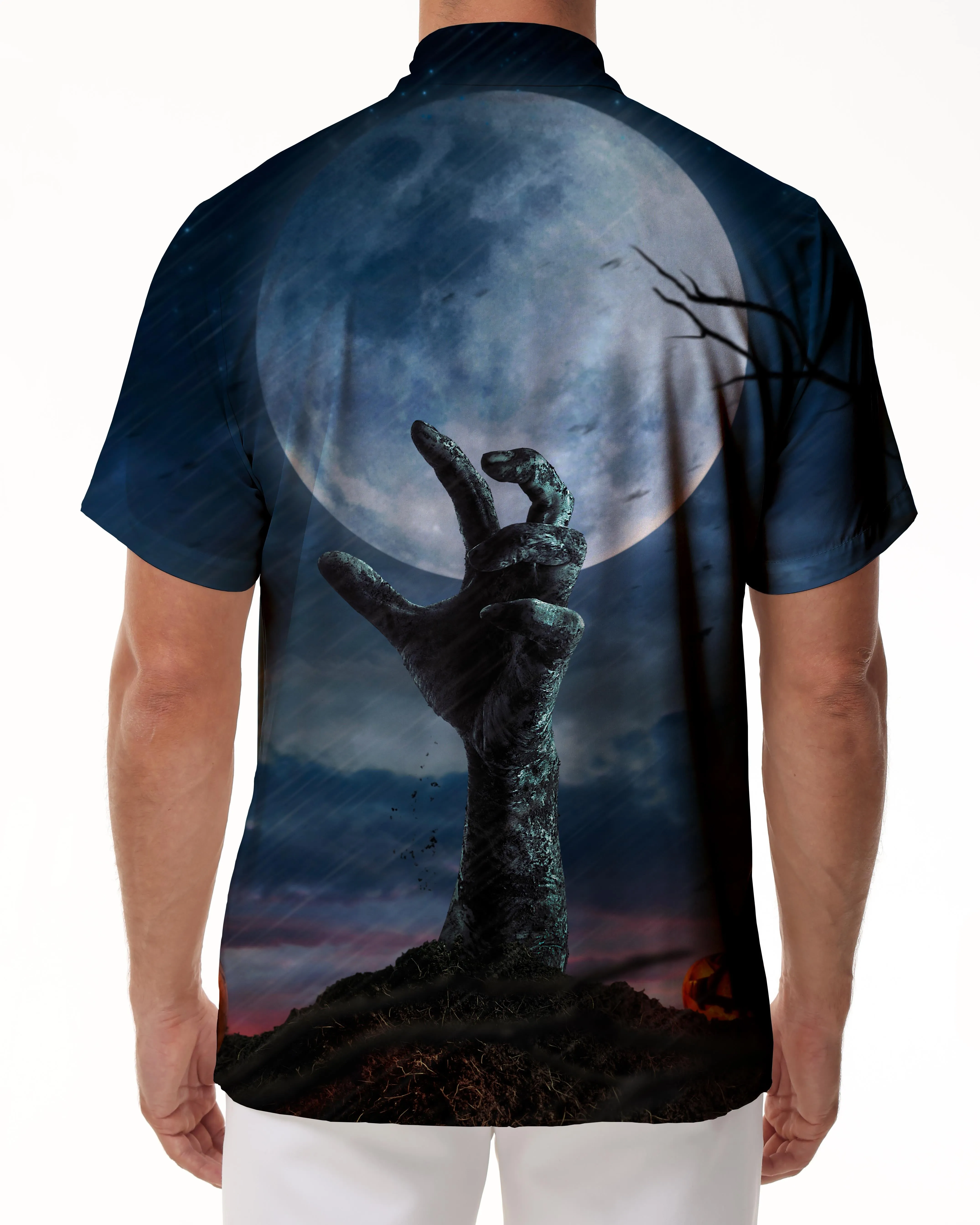 Horror zombie hand coming out of the graveyard men casual button shirt short sleeve