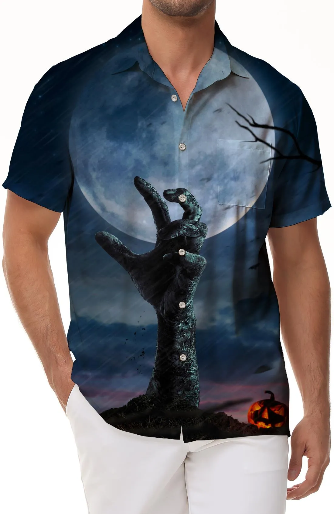 Horror zombie hand coming out of the graveyard men casual button shirt short sleeve