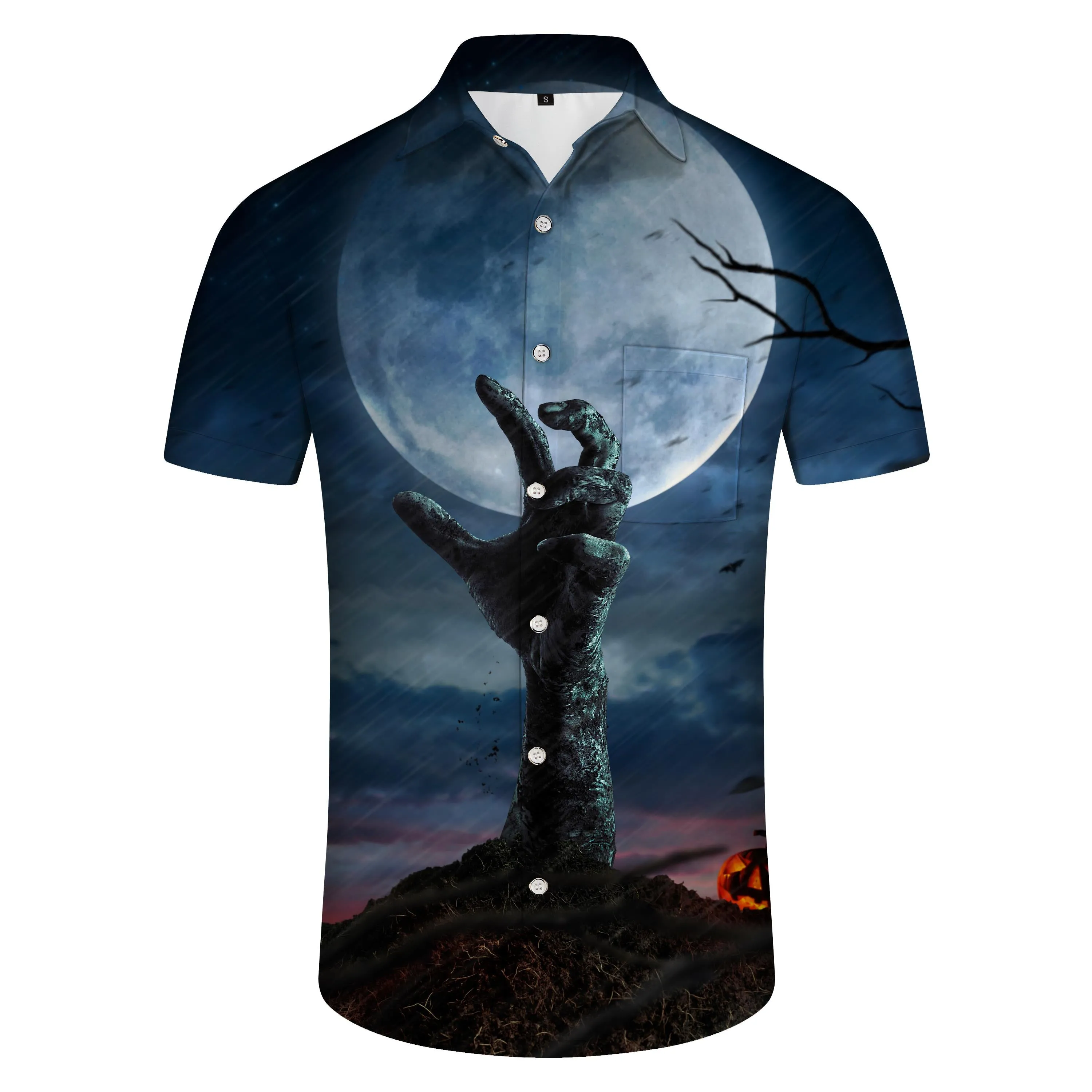 Horror zombie hand coming out of the graveyard men casual button shirt short sleeve