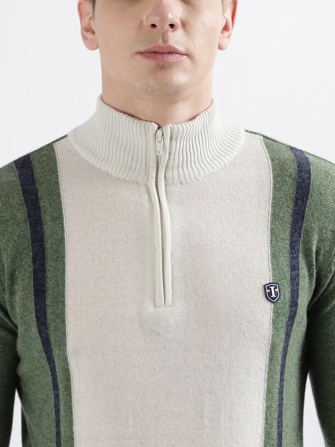 Iconic Men Olive Colorblocked High Neck Full Sleeves Sweater