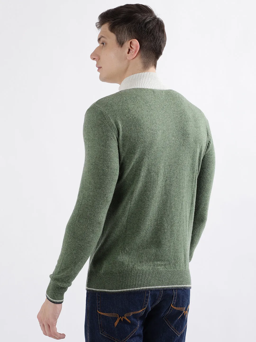 Iconic Men Olive Colorblocked High Neck Full Sleeves Sweater