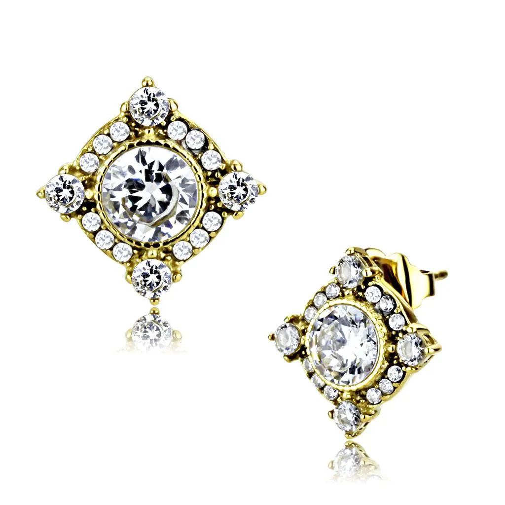 IP Gold(Ion Plating) Stainless Steel Earrings with AAA Grade CZ in Clear for Women Clear Stone Color Style DA293